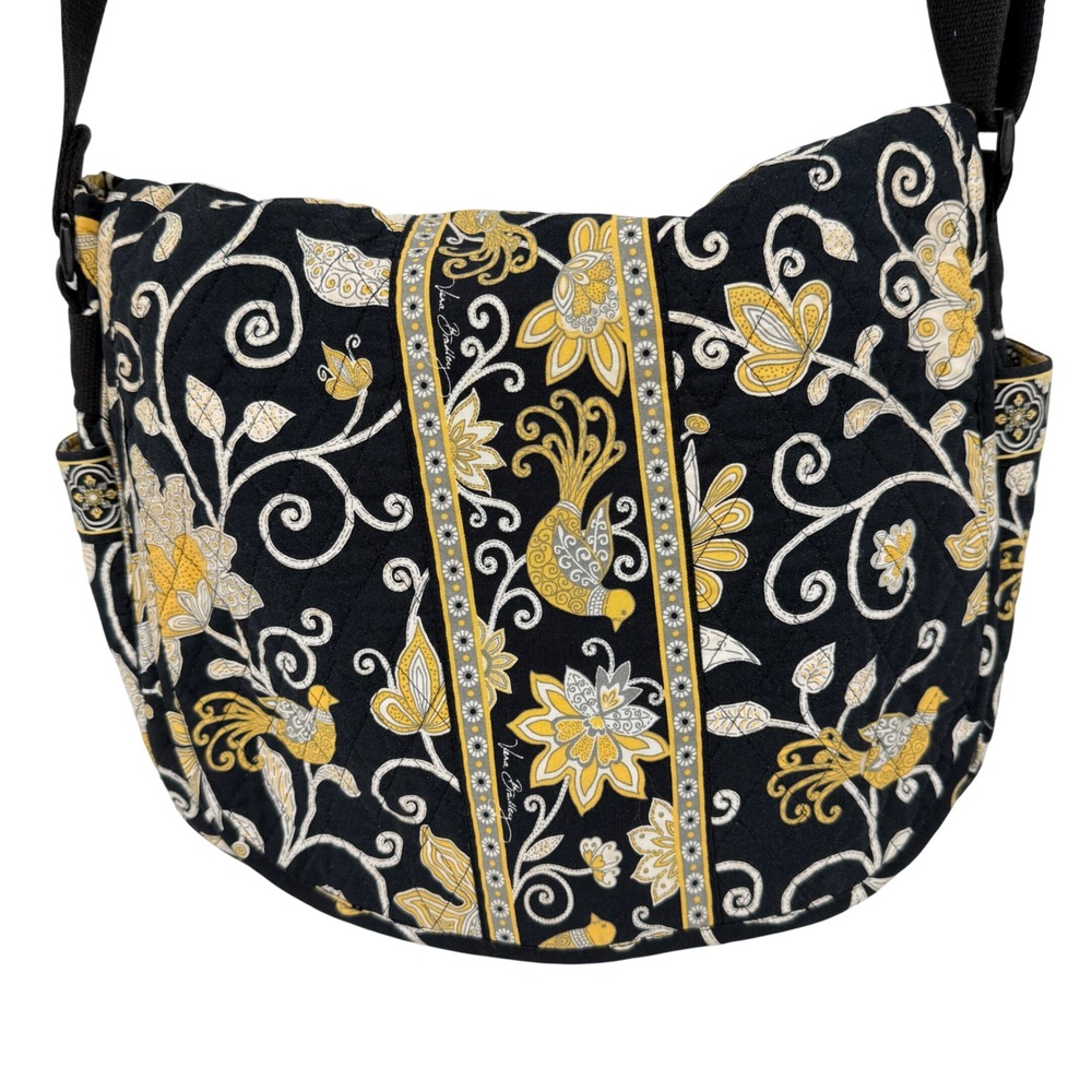Vera Bradley Night Owl Messenger Bag Black Yellow Quilted Floral Crossbody